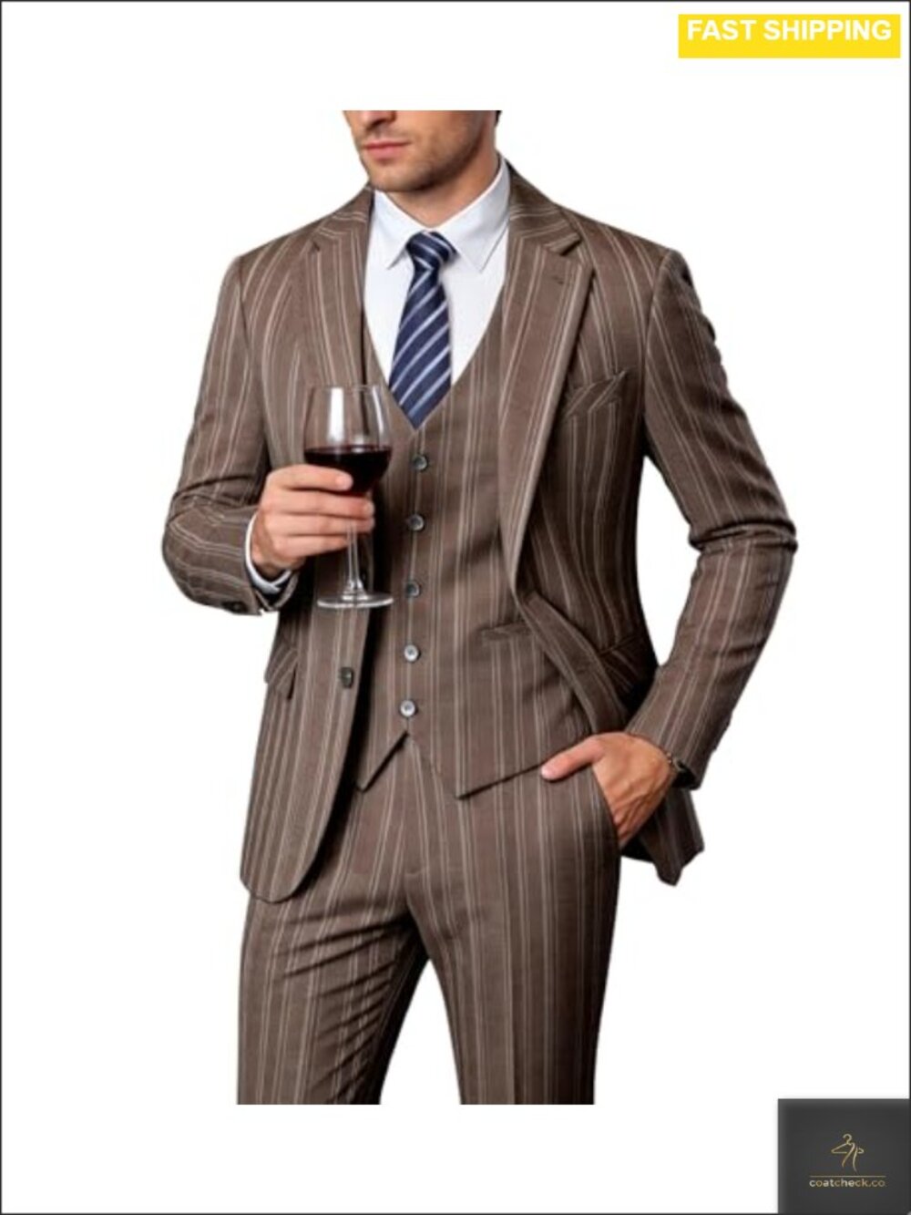 Men's 3-Piece Striped Suit Set Polyester Blend Regular Fit Blazer Vest Pants